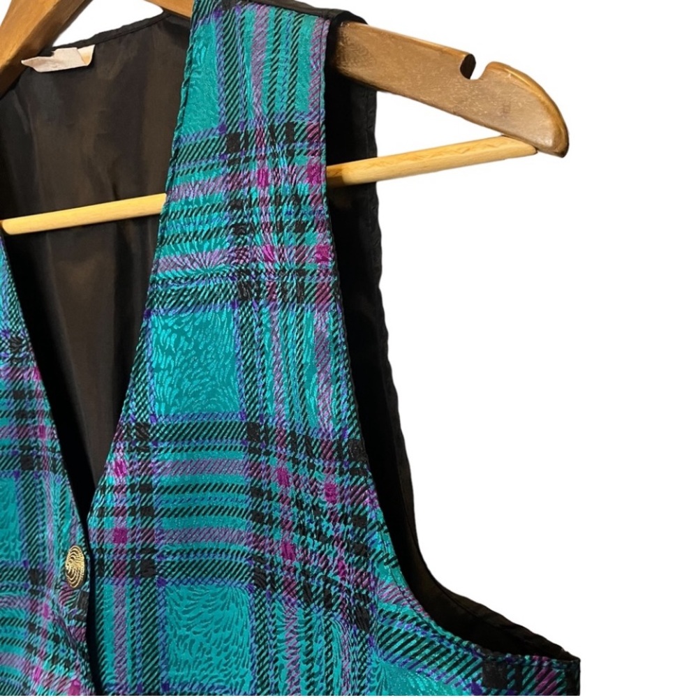 Vintage 80s plaid button front vest teal purple one size - Picture 6 of 8